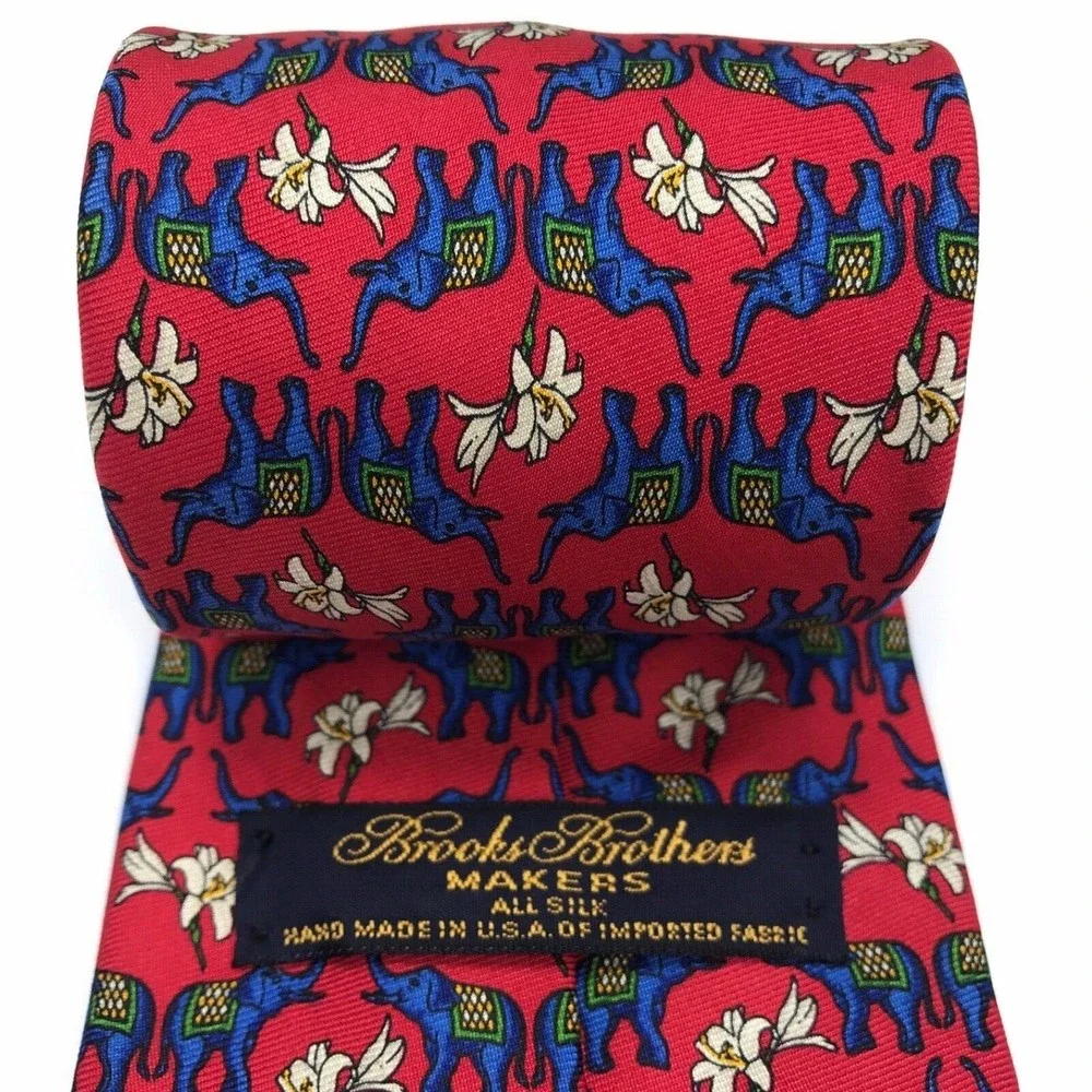 Brooks Brothers Makers All Silk Men's Tie Red Blue Elephant Floral Necktie